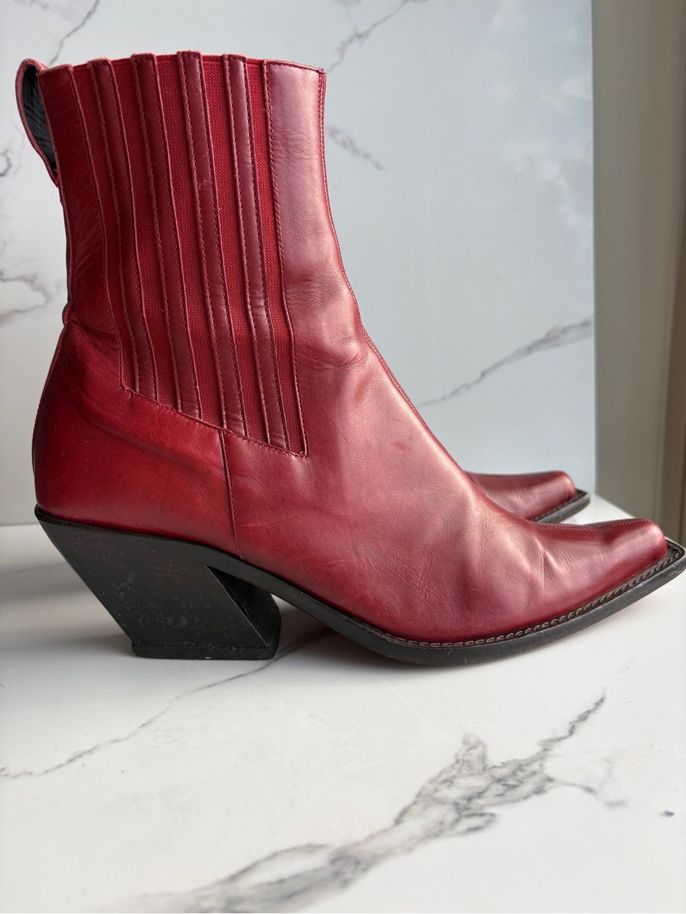 Red leather 7.5 Italian cowboy Ankle boots western pointy-toe Chelsea